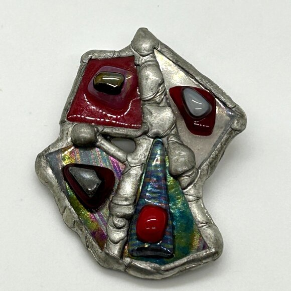 Abstract Modernist Handmade Brooch Stained Glass Brutalist Style Geometric OFAK - Picture 2 of 16